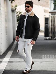 Manfinity CasualCool 男士老錢風復古人造麂皮卡車司機夾克，羊羔絨領仿舊設計 - 黑色 - 查看 5