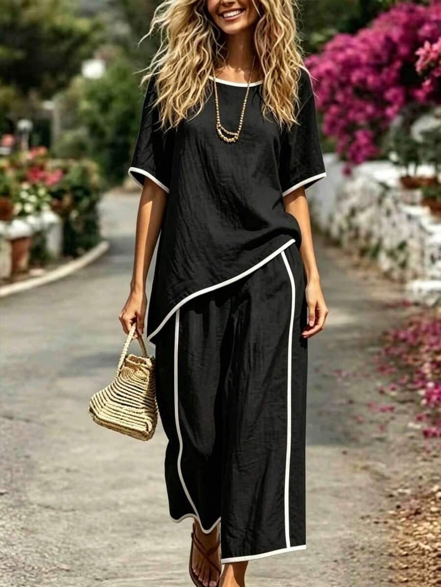 SHEIN Fiorisel 女款兩件套黑色短袖上衣與高腰長褲,優雅奶奶風波希米亞休閒夏季度假與派對外出正式套裝 - 黑與白 - 查看 1