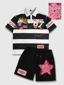 ROMWE MEN 男士 Polo 衫與短褲 2 件套，短袖夏季休閒沙灘套裝 - 彩色 - 查看 4