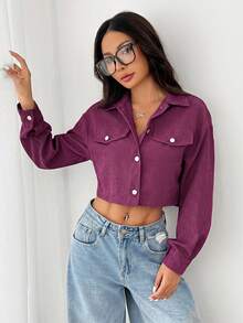 SHEIN PETITE Spring Outfits Drop Shoulder Flap Detail Crop Corduroy Black Jacket In Fall/Winter - Purple - View 4