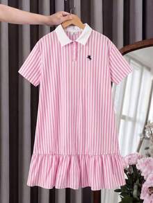 青少年女孩 Polo 領條紋刺繡圖案短袖中長洋裝，適合青少年女孩，對比色荷葉領花瓣袖印花洋裝，適合學校、戶外活動、購物，鈕扣洋裝童裝 - 粉色 - 查看 2