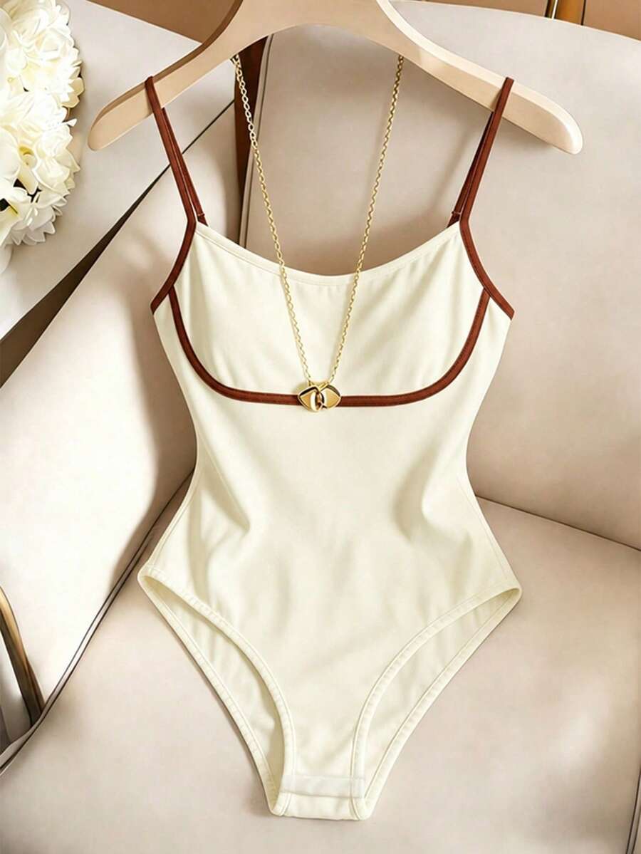 EMERY ROSE Body de punto elástico de color contrastante para mujer - Albaricoque - Ver 1