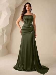 Coutiva Women's Rhinestone Decorated Side Ribbon Design Elegant Spaghetti Strap Formal Evening Gown (Heavy Embellishment) - Army Green - View 5