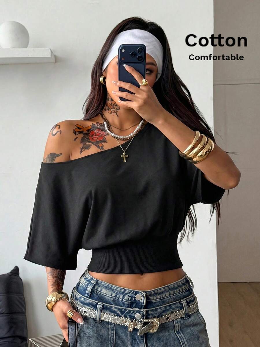 Coolane 女款春秋/冬季外出街頭風復古基本款收腰彈性舒適棉質露肩灰色T恤 - 黑色 - 查看 1
