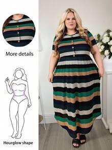 Hourglow SHEINLUNE Damen Große Größen gestreiftes Kurzarm Strick Lässig Kleid, Urlaubsoutfits Frau, Bescheidene Kleider für Frauen, für Sanduhr-Körperform elegant - Grün - Übersicht 1