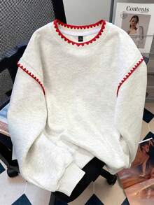 Flirla 大尺碼女款刺繡圓領保暖內裡休閒衛衣，秋冬款 - 淺灰色 - 查看 3