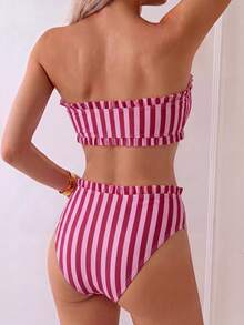 Swim Mod Spring/Summer Beach Casual Vacation Striped Print Bikini 2 Pieces Set - Multicolor - View 2