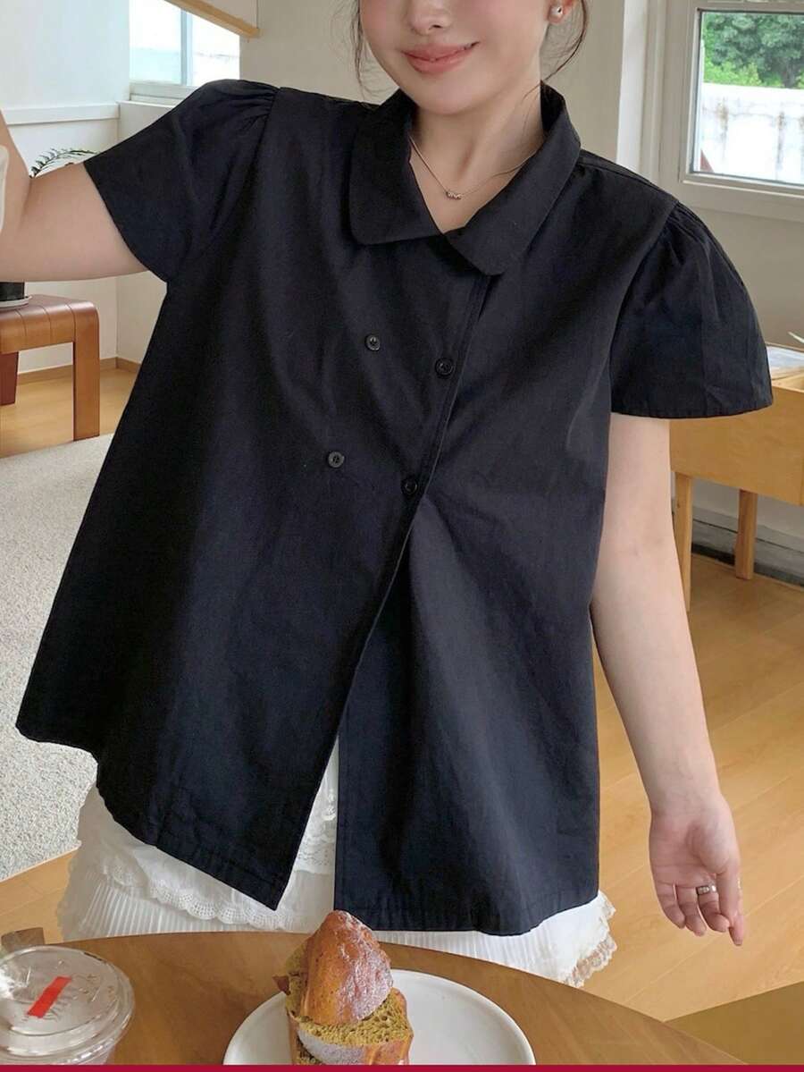 Dazy Plus 韓系時尚波點滿版印花 Polo 衫 短袖黑色大尺碼女款春夏 T-shirt - 藏蓝色 - 查看 1