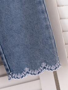 SHEIN Vintaside Kids Infant/Toddler Denim Lantern Sleeve Floral Lace Collar Embroidered Hem Blouse Pants Spring/Autumn Baby Girl 2 Pieces Set Family Matching Blue - Blue - View 6