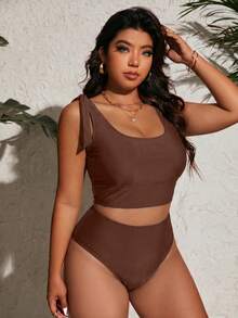 Swim Vcay 2026新款夏季度假甜美蝴蝶结时尚裹身加大码吊带泳衣 - 棕色 - 查看 3