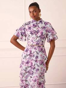 Lilora Women's Elegant Casual Celestial Romantic Floral Ruffle Dress Wedding Party Garden Tea Party Day Purple And White Summer - Purple - View 6