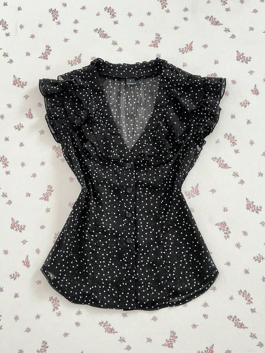 SHEIN Unity 春夏 Y2K 透視荷葉邊飾 V 領收腰娃娃風鈕扣襯衫 女款 - 黑色 - 查看 1