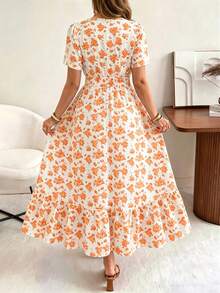 Ceyna Vestido elegante casual holgado de talla grande para mujer con cuello en V pequeño, manga corta y tela texturizada con falda completa, vestido de invitada de boda, vestido bohemio extra largo de primavera, ropa de verano para mujer, vestido de vacaciones/Vestido nuevo de verano 2026 de largo medio/Vestido de verano con estampado floral pequeño - Amarillo - Ver 2