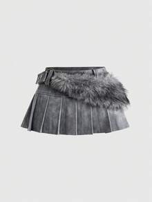 ROMWE EDITION Y2K Sexy Hot Girl Retro Brown Faux Fur Patchwork PU Mini Skirt For Women - Grey - View 1