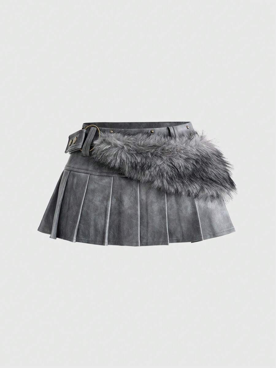 ROMWE EDITION Y2K Sexy Hot Girl Retro Brown Faux Fur Patchwork PU Mini Skirt For Women - Grey - View 1