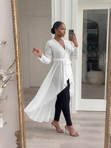 SHEIN Lady CURVE 大尺碼優雅純色蕾絲拼接不對稱下擺襯衫 - 白色 - 查看 5