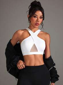 Slayform Women's Criss-Cross Strap Halter Neck Mesh Patchwork Solid Color Sports Bra - White - View 4