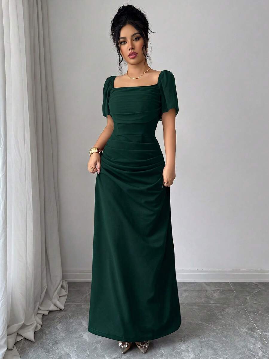 SHEIN Elenzya 深綠色夏季女款短袖方領收腰優雅浪漫精緻洋裝,適合婚禮、晚餐、新娘母親穿著 - 軍綠色 - 查看 1