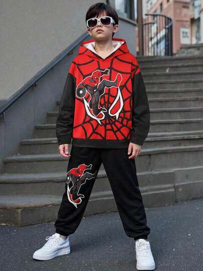 SHEIN Bộ 2 món áo hoodie tay dài cho bé trai tuổi teen, phong cách đường phố, họa tiết mạng nhện và đồ họa siêu anh hùng, mặc thường ngày thoải mái, phù hợp cho mùa thu/đông, thể thao, dã ngoại, đi học, tiệc tùng, lễ hội và chụp ảnh