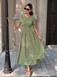 Pariaura Women's Solid Color Round Neck Pleated Casual Party Summer Dress - Green - View 3