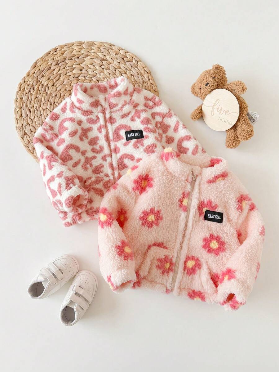 SHEIN Babygirl Autumn/Winter Cute Versatile Casual Fluffy Leopard Print Stand Collar Jacket 2pcs Set - Pink - View 1