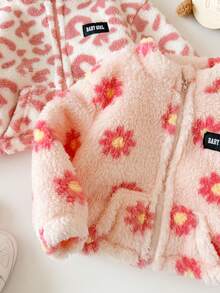 SHEIN Babygirl Autumn/Winter Cute Versatile Casual Fluffy Leopard Print Stand Collar Jacket 2pcs Set - Pink - View 5