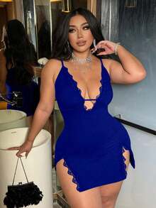 NU&NOW Plus Size Solid Color Simple Fashion Slip Dress Suitable For Summer Blue Sexy - Royal Blue - View 2