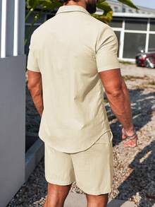 Genlund 男士素色單排扣短袖襯衫與短褲休閒套裝 男士夏季穿搭 男士休閒夏季穿搭 夏季度假穿搭 男士，假期 - 杏色 - 查看 2