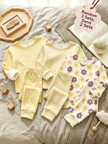 Random 3 Sets Send 2 Sets Cute Sweet Cartoon Floral Print, Mori Style, Baby Girl Casual Minimalist Slim Fit Round Neck Long Sleeve Long Pants Home Wear Set 4pcs, Suitable For Autumn/Winter, Tight Fit - Multicolor - View 3