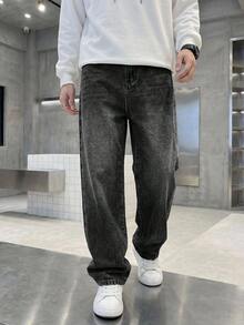 大童男孩牛仔褲，時尚休閒復古 Y2K 百搭極簡寬鬆舒適直筒牛仔褲，適合日常穿著、返校、休閒通勤、假期旅行等，新款寬鬆復古黑色百搭兒童牛仔褲 - 黑色 - 查看 3
