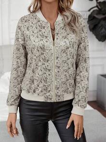 SHEIN LUNE Vintage Printed Baseball Collar Zipper Ribbed Hem Short Flight Jacket - Apricot - View 7