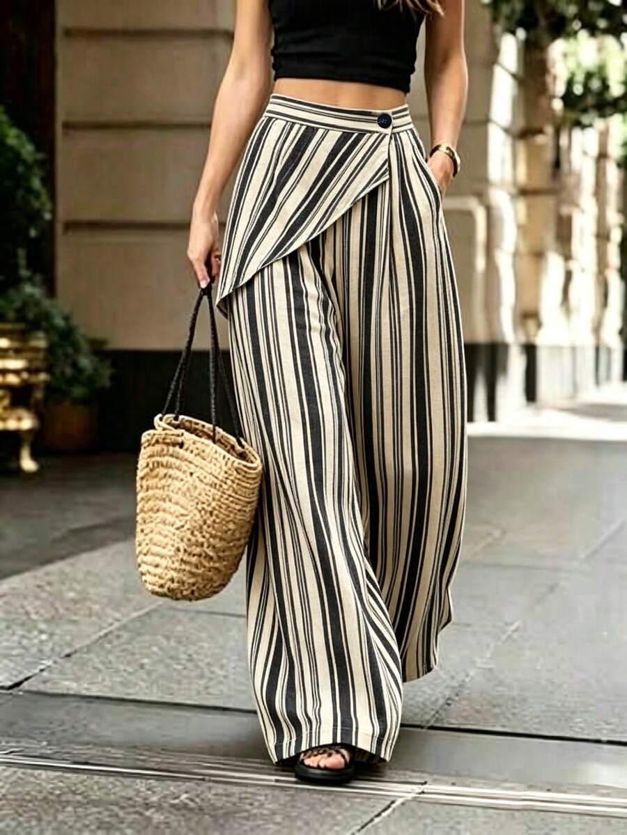 Balvessa Women's Vacation Casual Elegant Chic Beige Wrap Long Pants Brunch Autumn - Multicolor - View 1