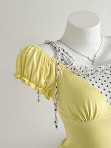 Mori Grove Mori Grove Women's Solid Color Polka Dot Yellow 2 In 1 Short Sleeve T-Shirt Vacation Summer Cute Romantic - Yellow - View 5