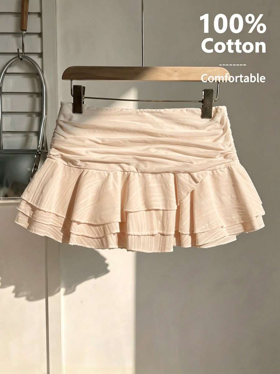 SHEIN Unity 女款純棉優雅荷葉邊下擺度假風迷你裙,夏季短裙,白色 - 粉色 - 查看 1