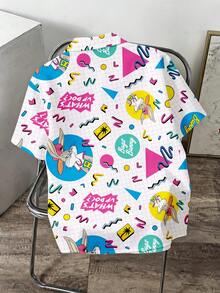 LOONEY TUNES X SHEIN Manfinity Joysei 男士字母卡通圖案短袖單排扣襯衫 - 粉色 - 查看 2