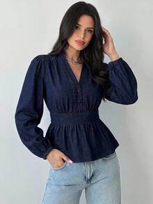 Firerie Women's Notch V-Neck Long Sleeve Button Design Ruffle Hem Denim Top Fall/Winter Elegant Casual Y2k Chic Basic Festival Back To School Going Out Ruffle - Blue - View 5