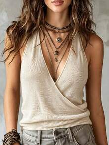 EMERY ROSE Top de punto con cuello halter y escote en V superpuesto de color liso para mujer - Albaricoque - Ver 1
