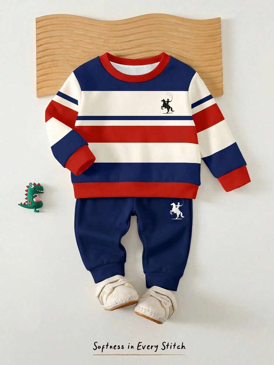 Baby Boy Casual Athletic Minimalist Loose Round Neck Knitted Soft Pullover Set Suitable For Autumn/Winter Classic Retro Striped Pattern Print Navy - Multicolor - View 1