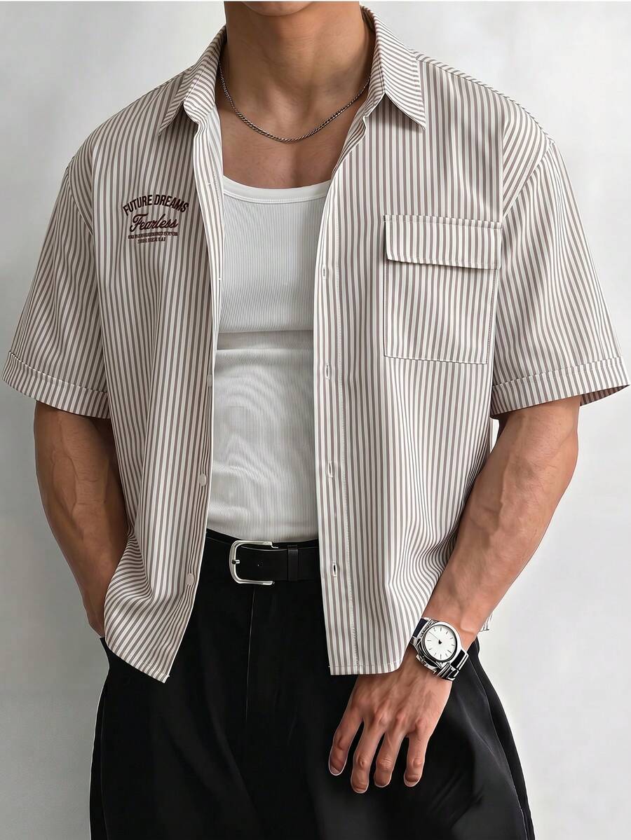ESTAVOR Camisa casual de hombre con estampado de rayas, verano - Caqui - Ver 1