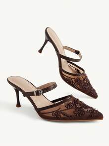 CUCCOO CHICEST Women Shoe Spring And Summer New Models, Mesh Embroidery Pointed Mueller Sandals, Buckle Thin Heels And Half-Drag High Heels, Retro Light And Familiar - Brown - View 3