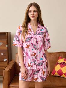 HARRY POTTER X SHEIN Women's Frog Pattern Short Sleeve Single-Breasted Top And Shorts Pajama Set - Pink - View 3