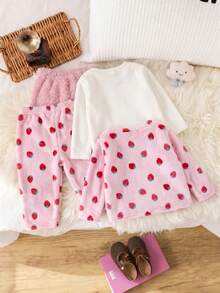 Ensemble de pyjama 4 pièces pour bébé fille, Saint-Valentin, motif cœur doux et mignon, imprimé nuage brodé, Top pull à col ras-du-cou à manches longues et pantalon de pyjama, flanelle douce et confortable, doublure thermique, doublure double face, respectueux de la peau - Multicolore - Voir 2