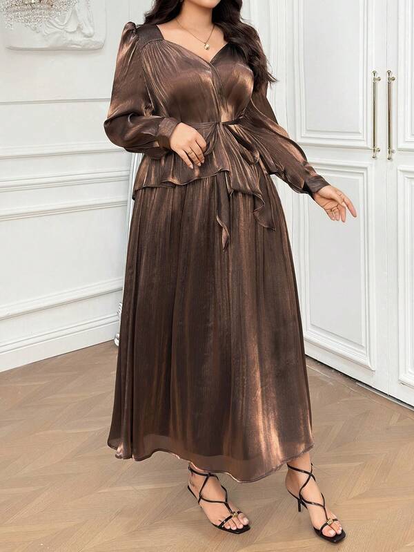 Dazy Plus Fun Commuter Textured Fabric Chiffon Tie-Neck Loose Long Sleeve Top & A-Line Long Skirt Elegant Plus Size Women's Spring/Summer 2-Piece Set