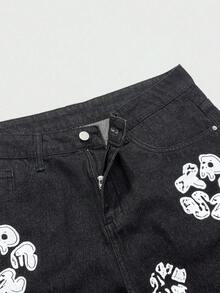 Manfinity Roghcode 男士夏季印花牛仔短褲 街頭寬鬆寬腿短褲 度假風 - 黑色 - 查看 8