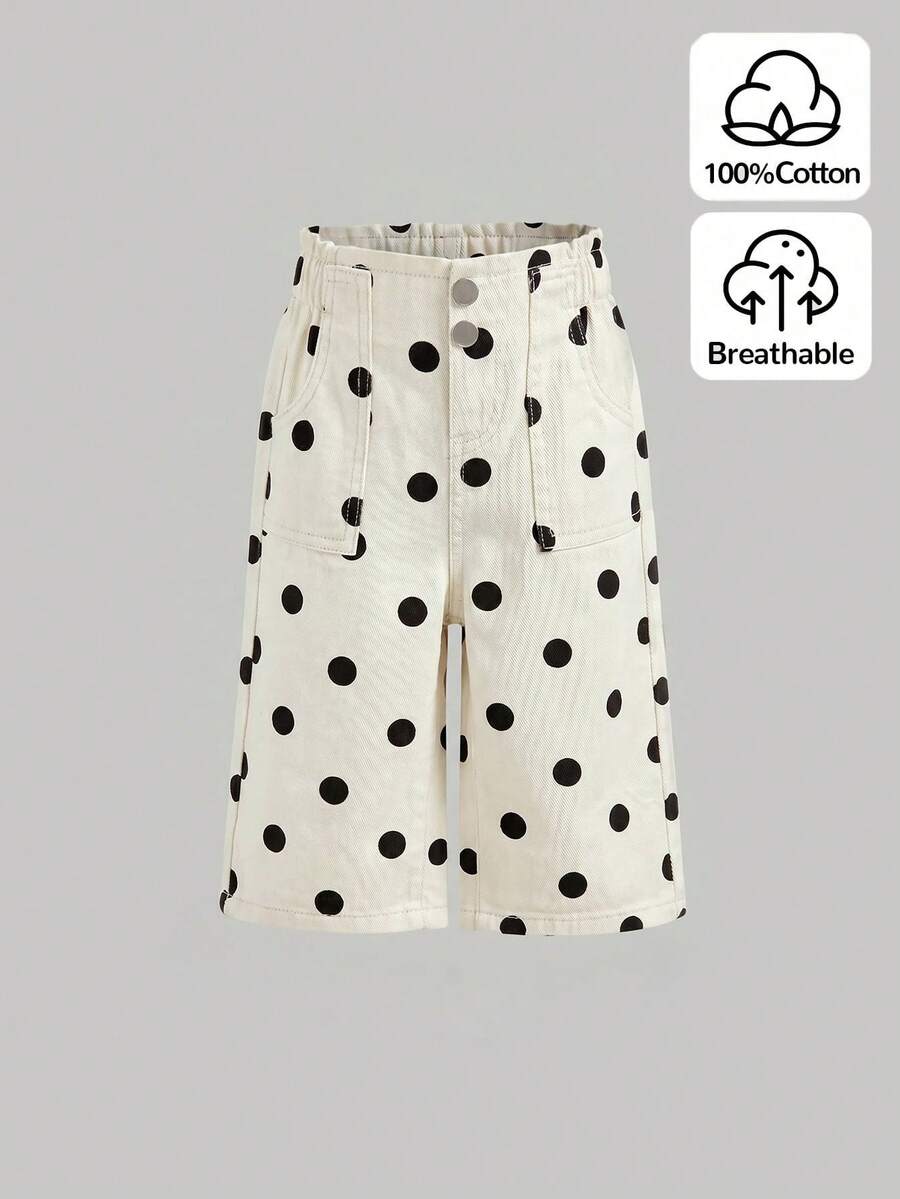 SHEIN Little Byeori 女嬰波點口袋鈕扣休閒百搭日常牛仔褲 - 彩色 - 查看 1
