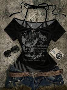 Attitoon Casual Minimalist Street Style Butterfly Pattern Contrast Color Black Striped Women's 2 In 1 T-Shirt Suitable For Spring/Summer Y2K - Multicolor - View 8