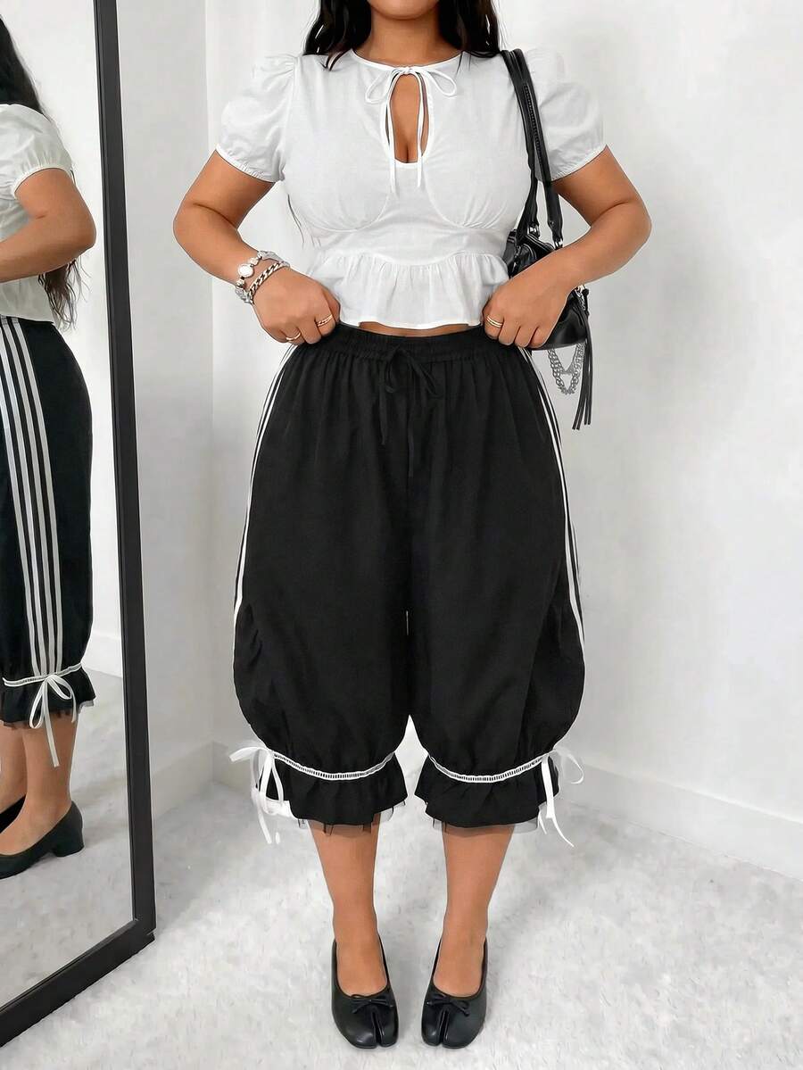 POPSWAY Shorts de Talla Grande con Bloques de Color y Rayas con Cordón - Negro - Ver 1