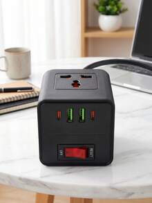 Teckwe 1pc Minimalist Black Cube Power Strip - Fire-Resistant PC Plastic With 3 AC Outlets & 4 USB Ports (2 Type-C + 2 USB-A), Fast Charging Desktop Charging Station, Overload Protection With Reset Switch, Space-Saving Compact Design - Black - View 4