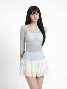 Sweetina 女款修身透視仿針織上衣 - 淺藍色 - 查看 3