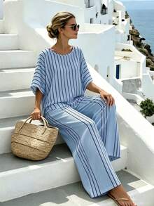 SHEIN Holidaya 法式休閒風條紋喇叭袖兩件式套裝－夏季度假顯瘦寬鬆透視上衣與寬腿褲套裝 - 藍色 - 查看 3